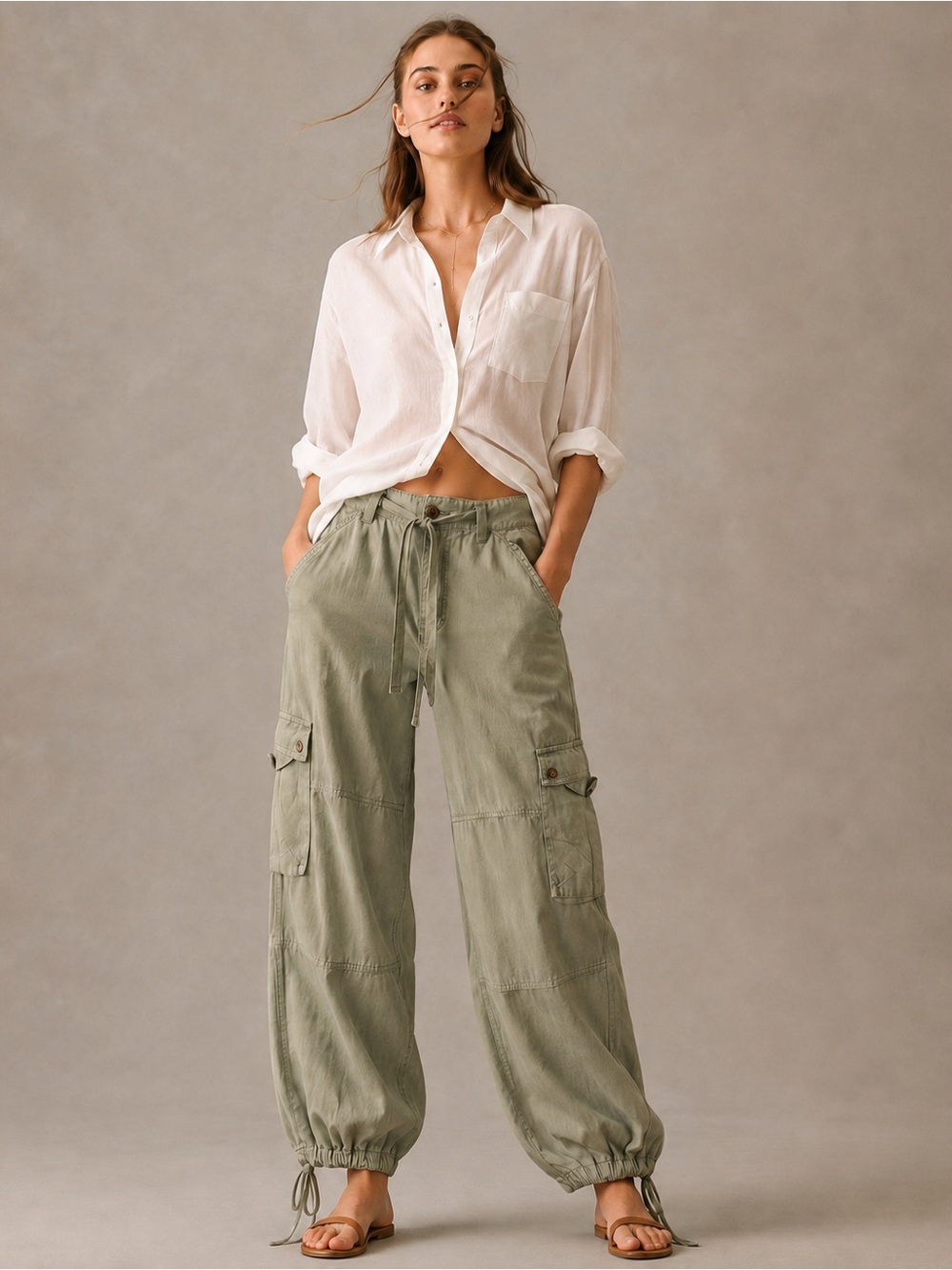 Anthropologie Pilcro green Tencel cargo jogger wide leg pants size 27 tie ankles